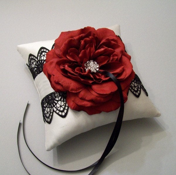 Scarlet Red Rose and Black Tatted Lace on an Ivory Silk Ring Bearer Pillow