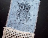 Owl Bookmark Vintage Linen Art Original Illustration on Fabric