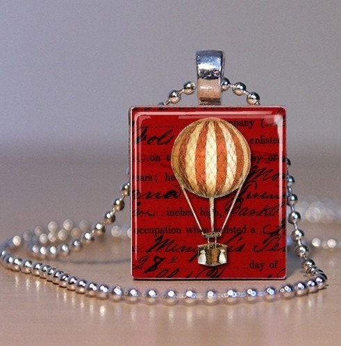Vintage Balloon Art on Red Background - Upcycled Scrabble Tile Pendant