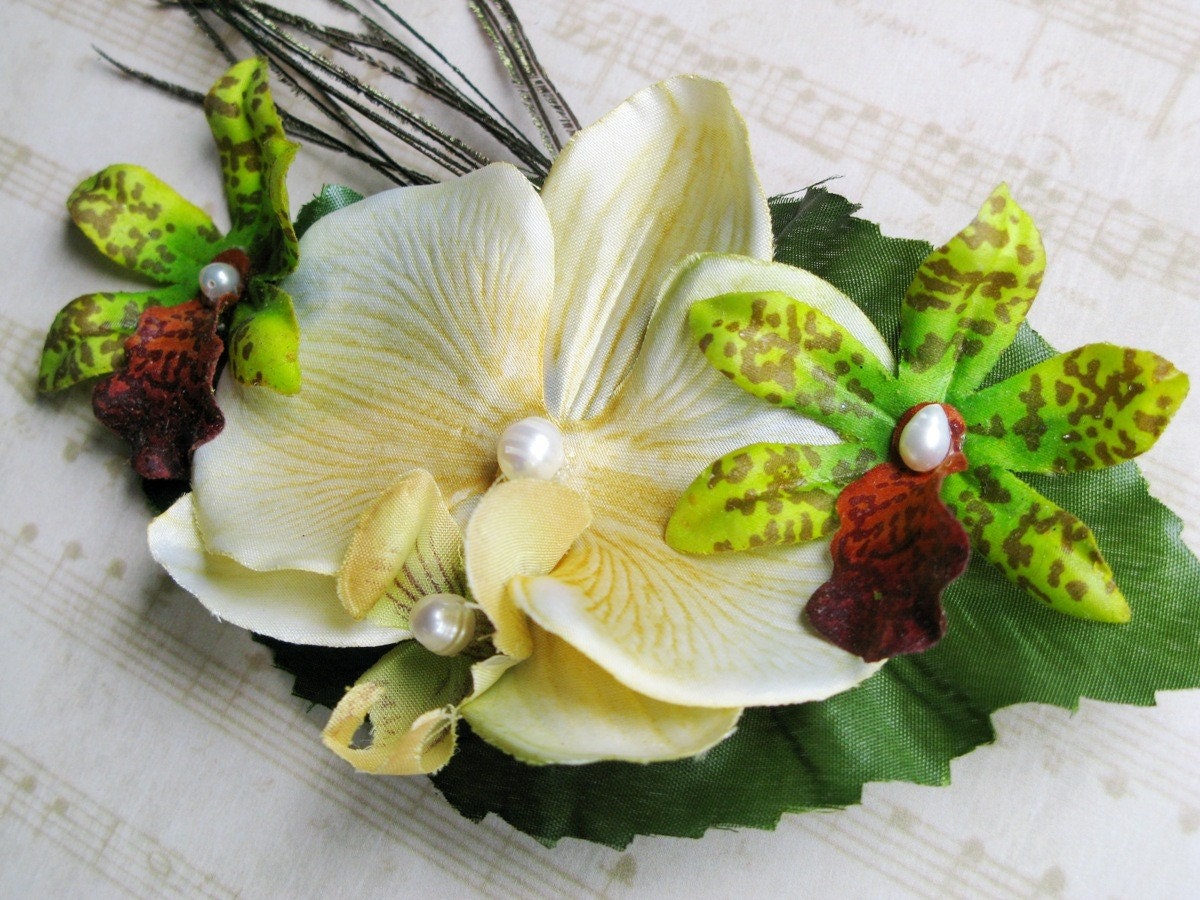 Green and Cream Orchids with Pearls, Hair Clip / Brooch