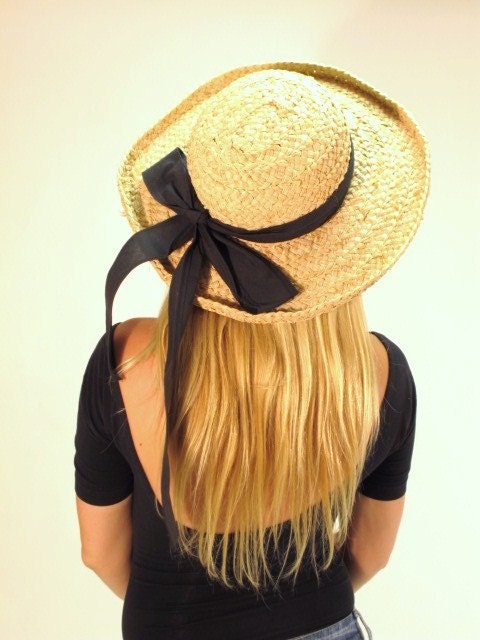 Vintage Straw Hat with Large Black Bow