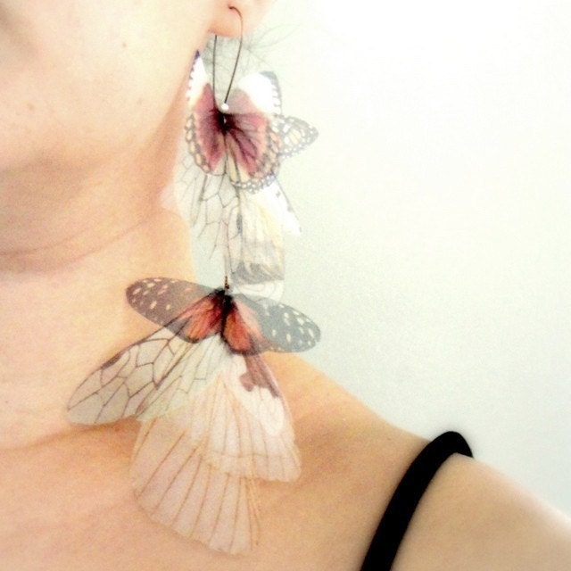 Long Fluttery Cluster Earring - Home printed on Organza- Statement piece SINGLE
