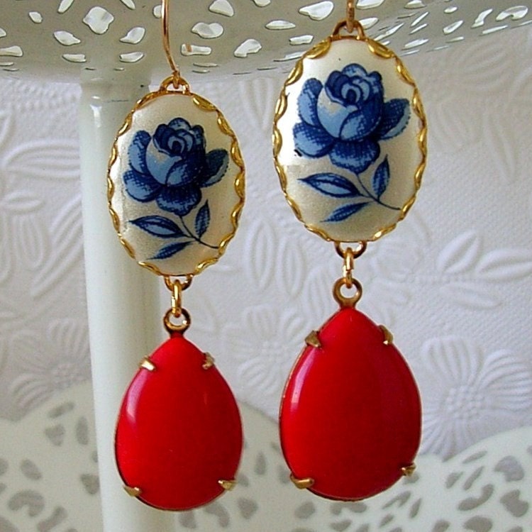Vintage Blue Rose Ruby Red Pear Earrings