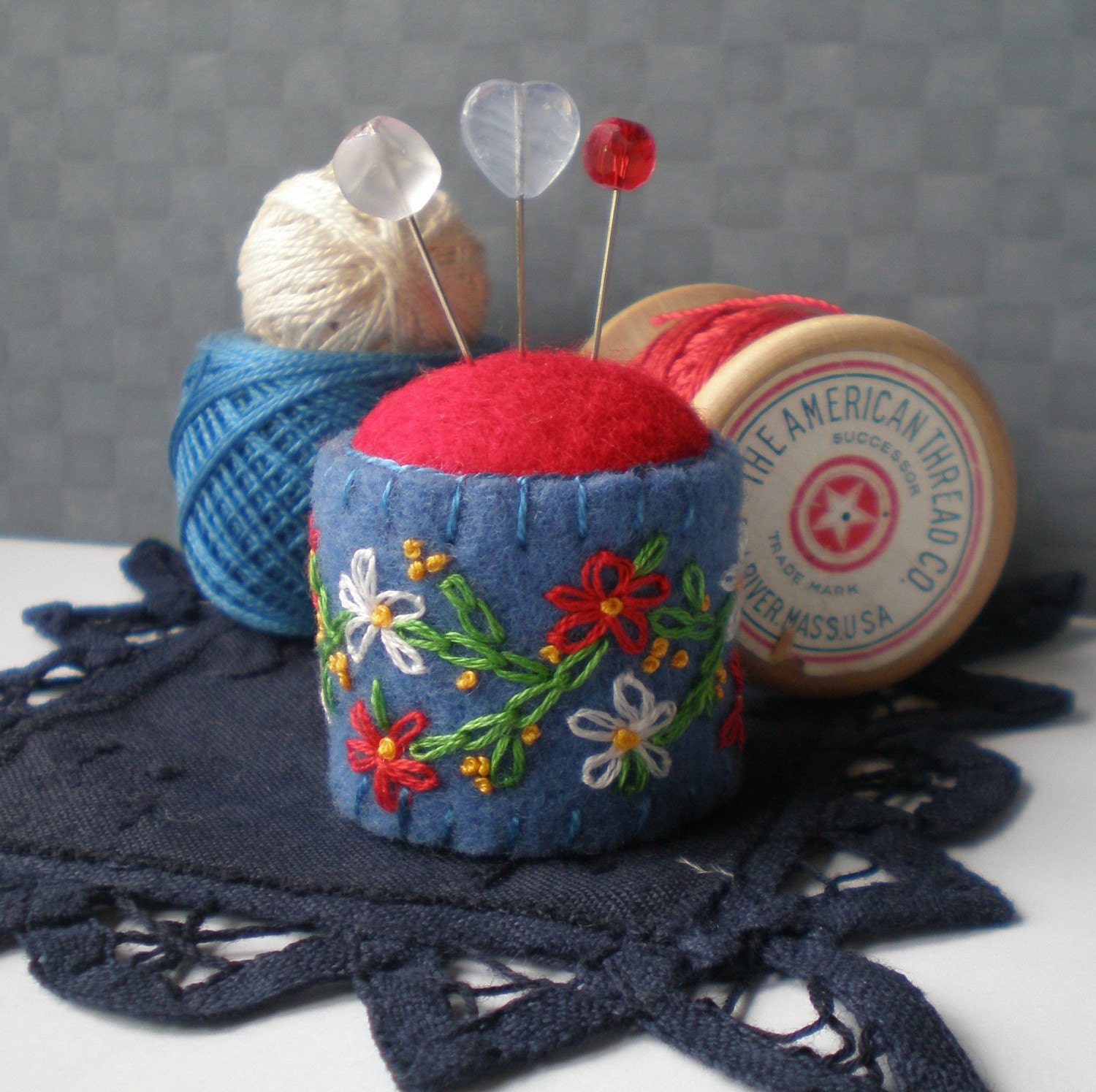 Red, White and Blue Embroidered Bottle Cap Pincushion