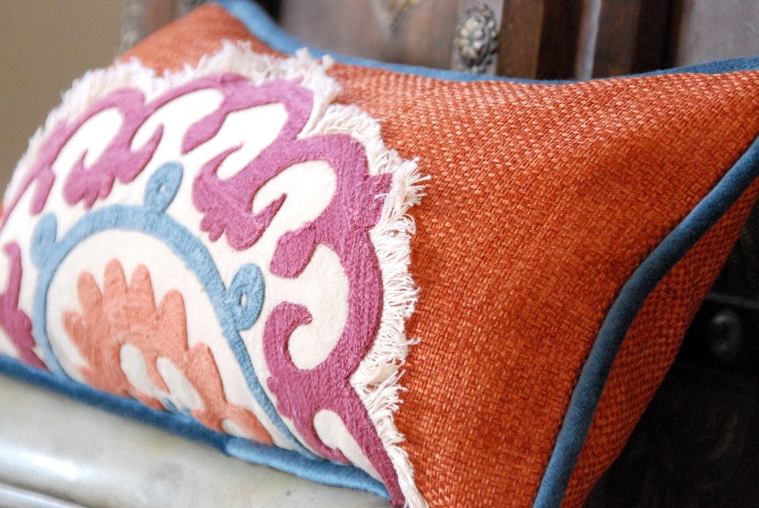 Suzani Embroidered Mandarin Spice Linen Designer Pillow, Boudoir Pillow, Accent Pillow, Decorative Pillow, Cushion