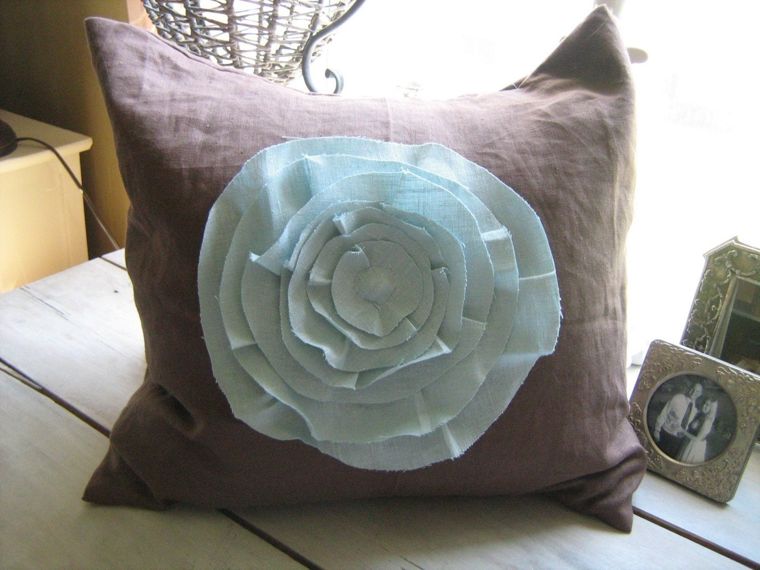 French Rose Pillow- in Chocolate and Robins Egg Blue Linen