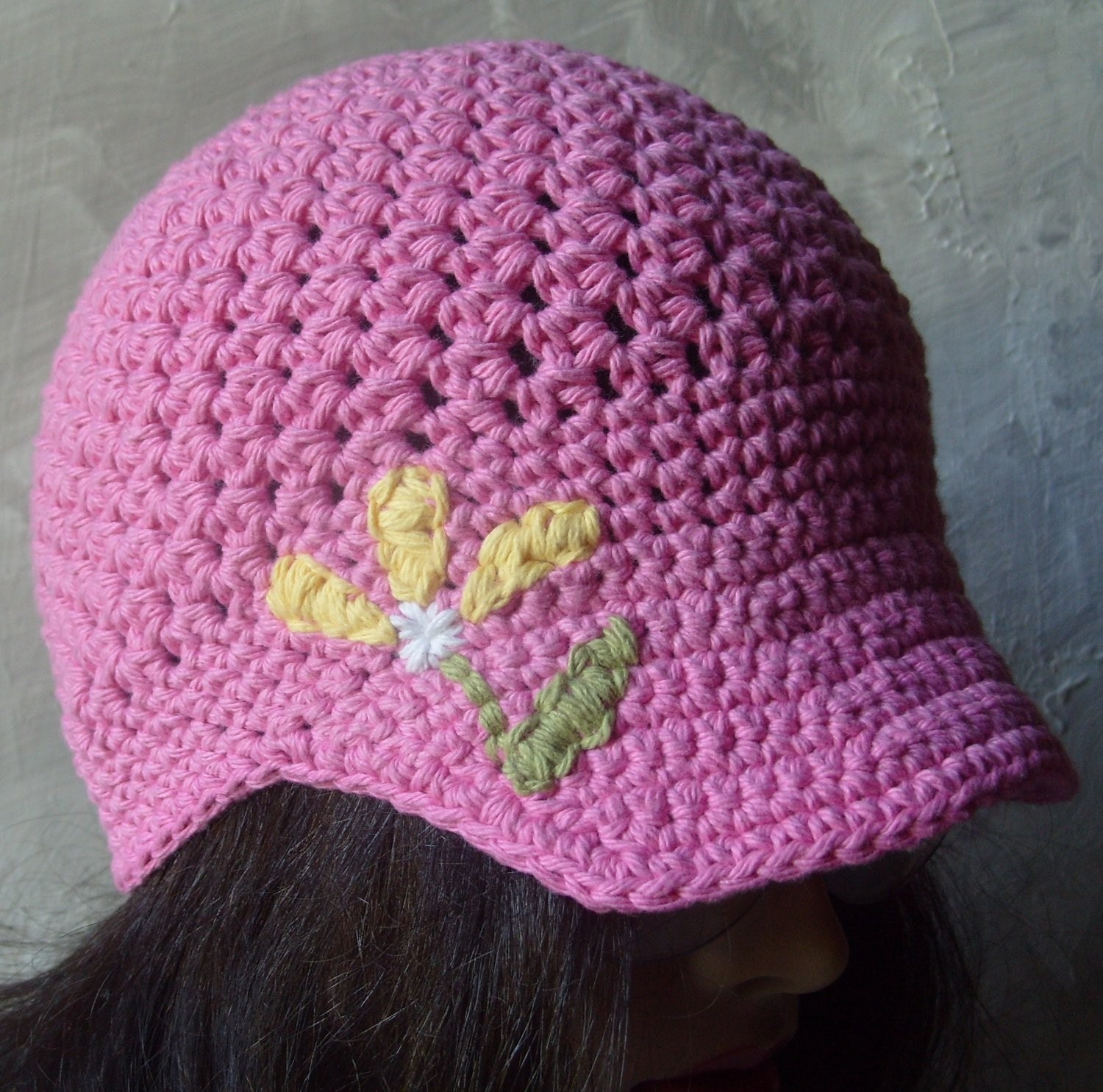 Brimmed Beanie/Newsboy Hat w/Hand Embroidered Flower - PINK