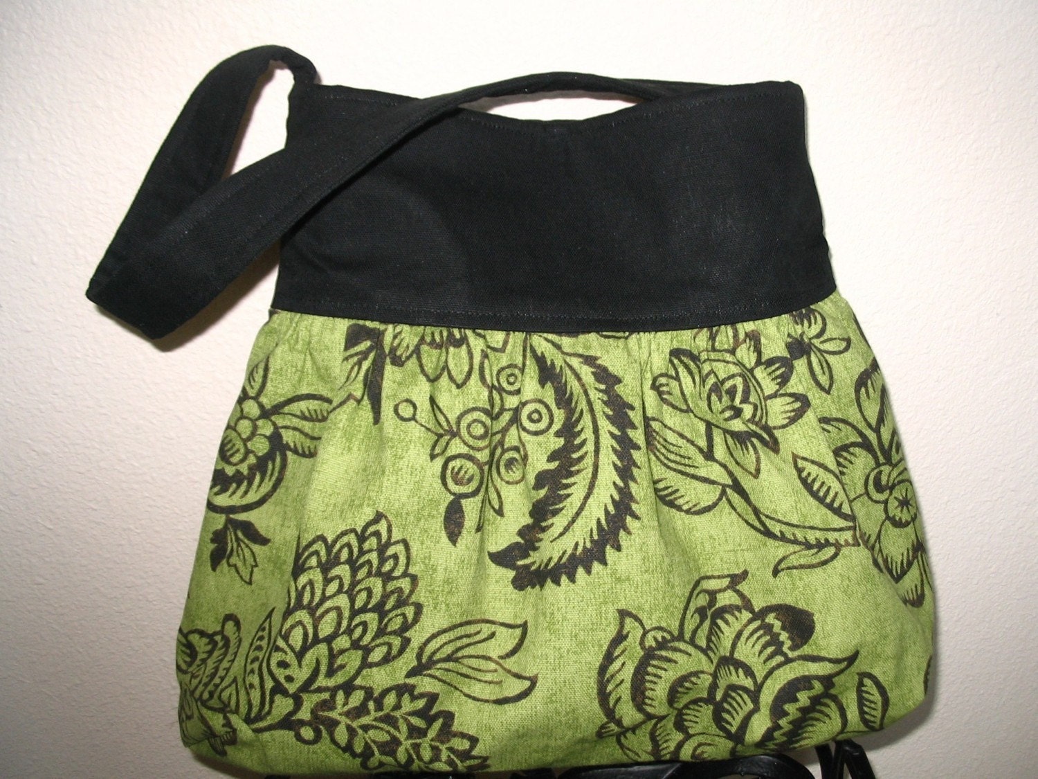Gathered Shoulder Boutique Bag in  Green and Black Floral