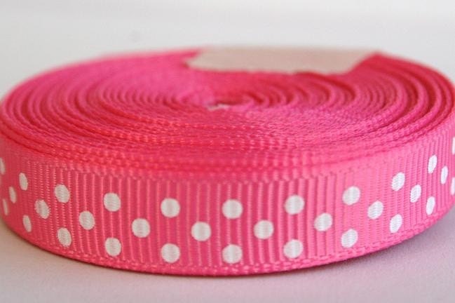 5 Yards Hot Pink with White Swiss Dots 3/8 Inch Grosgrain Ribbon