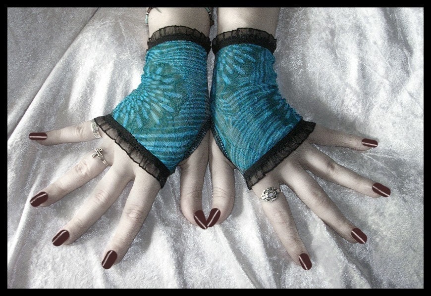 Deep Ocean, Vast Sea Lace Fingerless Gloves Arm Warmers in Cerulean Blue for Gothic, Vampire, Noir, Tribal Fusion, Belly Dance, Steampunk, Lolita, Evening, Victorian, Boho Styles