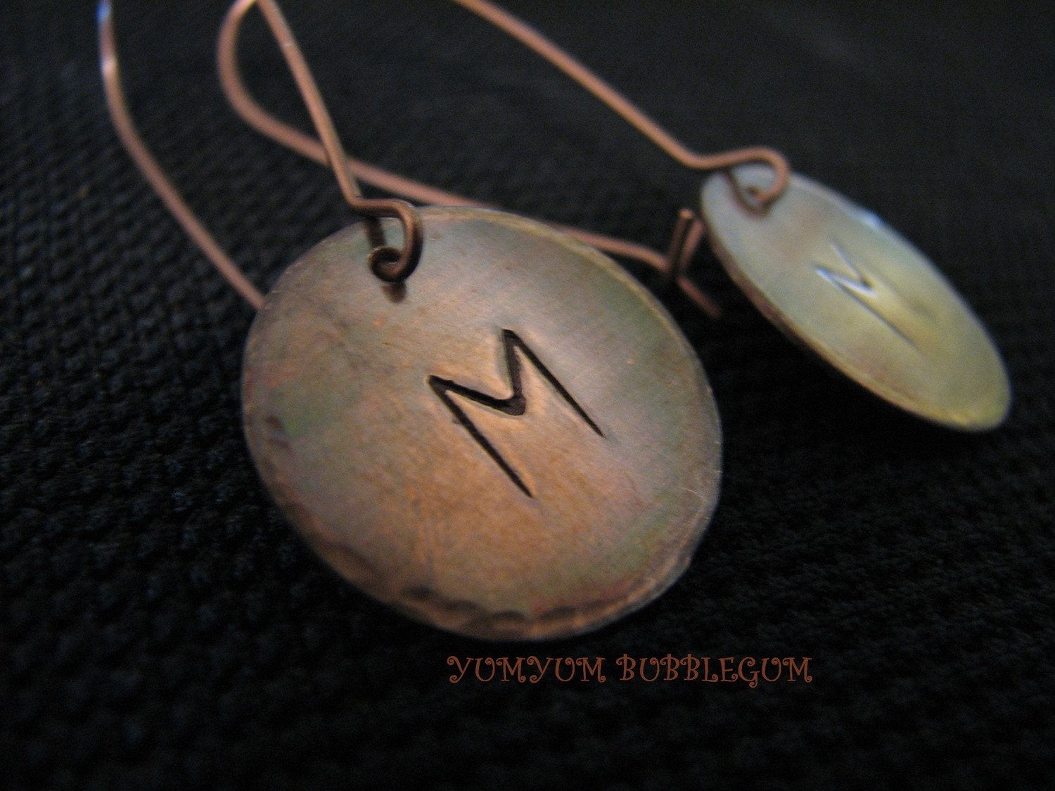 HANDSTAMPED OXIDIZED 3/4 INCH COPPER DISC INITIAL EARRINGS WITH HAMMERED EDGES