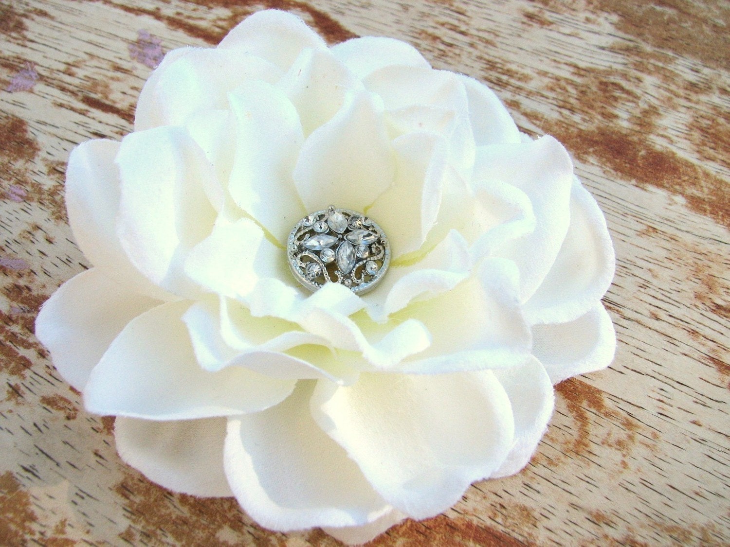 Flower Hair Clip Fascinator Bridal Antique White Gardenia with Rhinestone Button Center