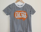 LIMITED SUPPLY Navy and White Striped Word Bubble Rolled Cuffs Hello Japanese Konnichiwa Tee