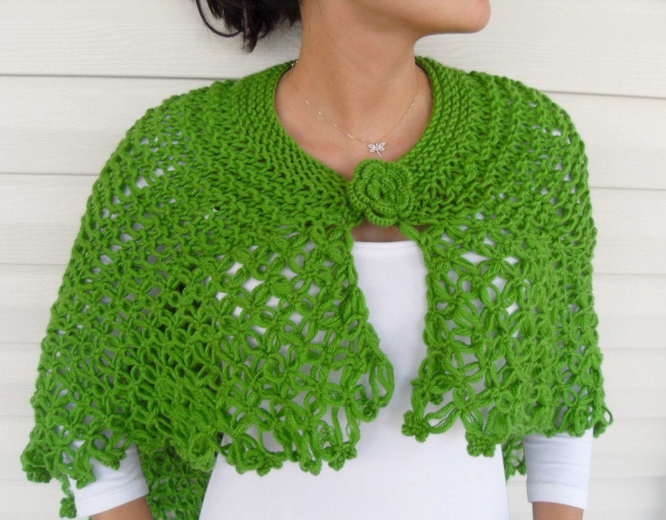 Shipping Included- Hand Knitted Shawl, Capelet, Poncho Pistachio Green,Natural