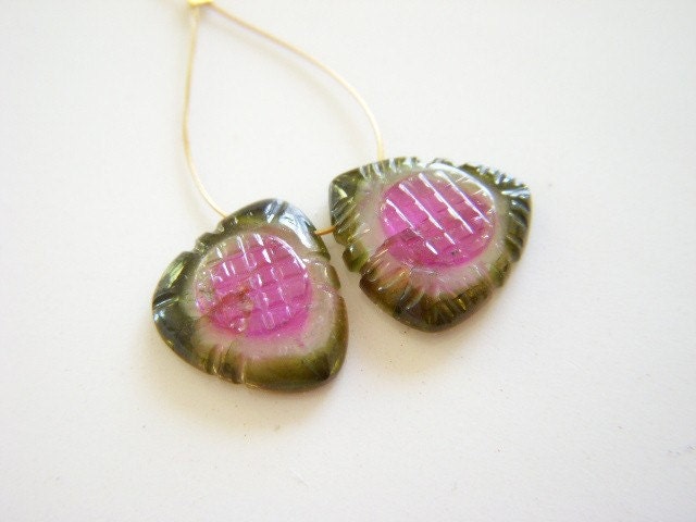 Watermelon Tourmaline Carved Slices - Pair - 11.5x12mm - RESERVED