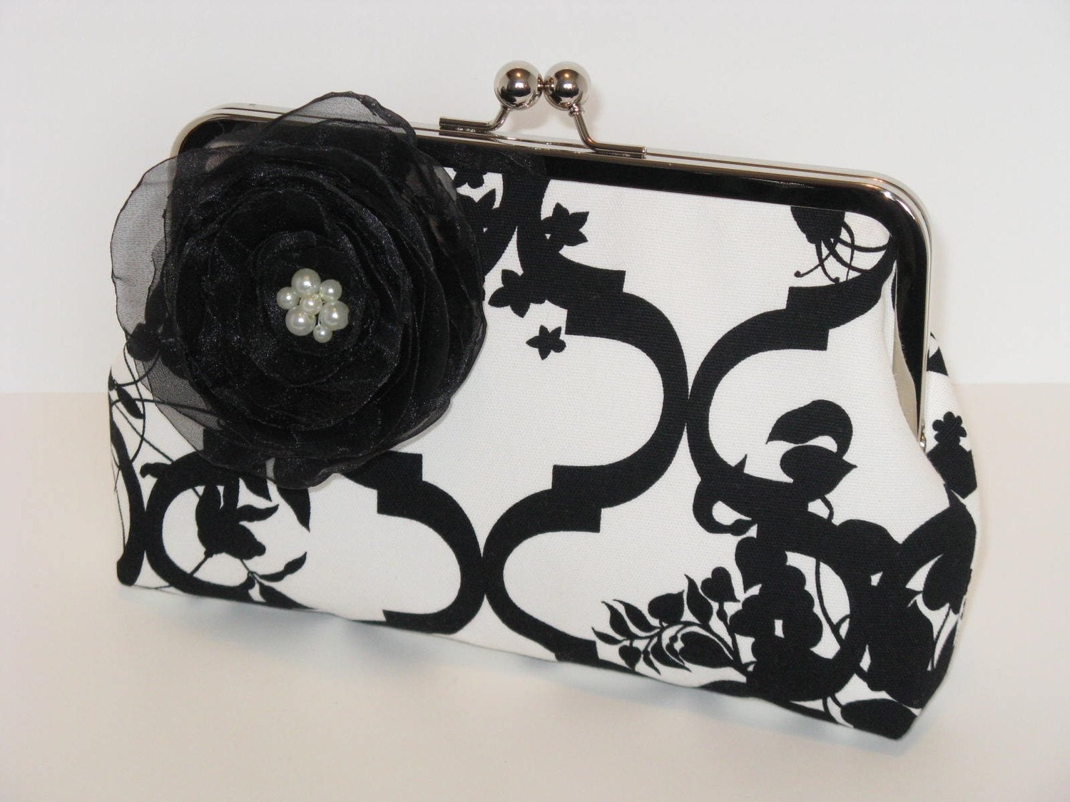 Black And White Trellis Silk Lined Clutch