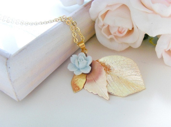 D'or  Vintage matte gold leaf layers and pale blue rose necklace