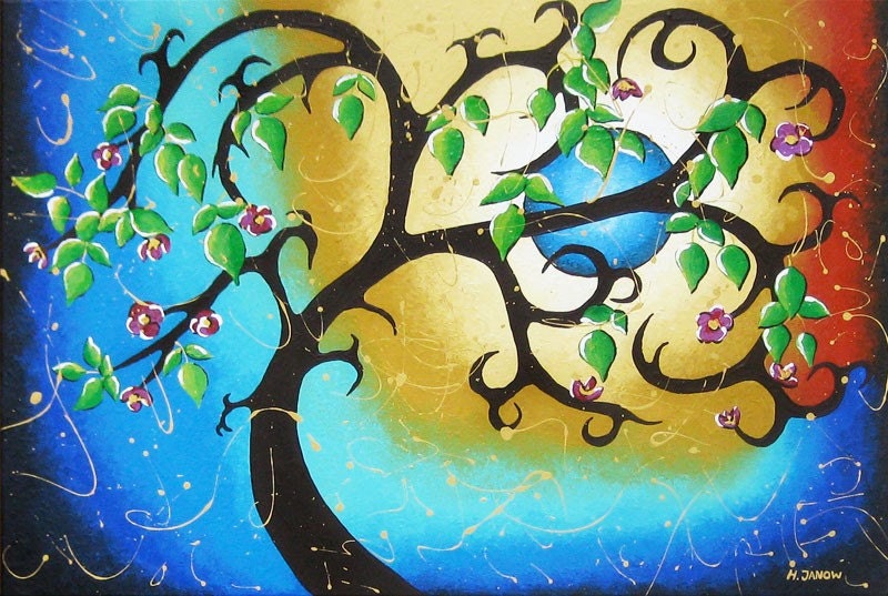 Tree Art Whimsical Blue Moon Woodland Painting