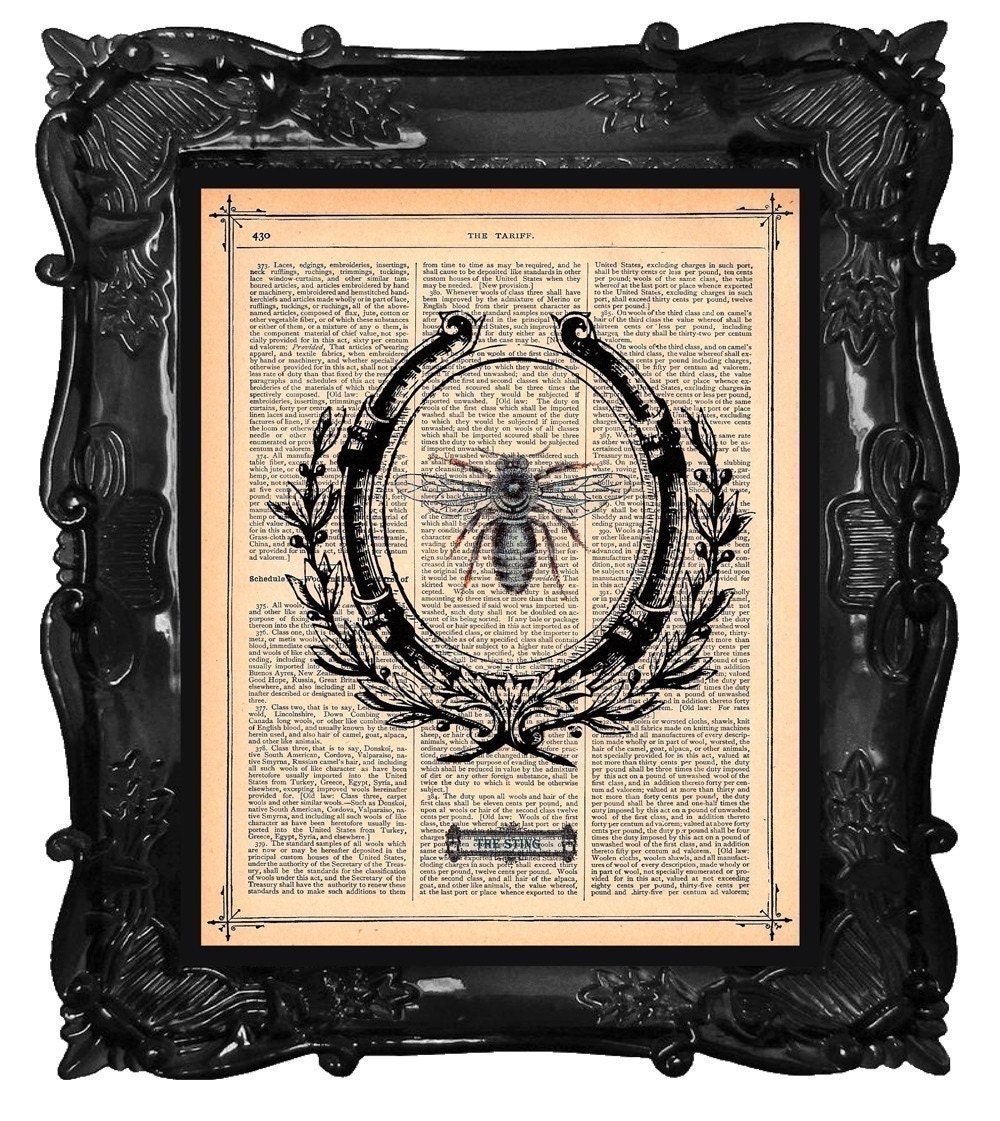 FREE SHIPPING WORLDWIDE BEE PRINT THE STING on a Vintage 1883 Book Page