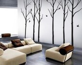 vinyl decals stickers----Winter Forest with 6 Complentary Birds---wall art home decor murals
