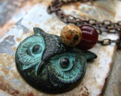 PREORDER The Wise One - brass owl jasper and glass bead necklace