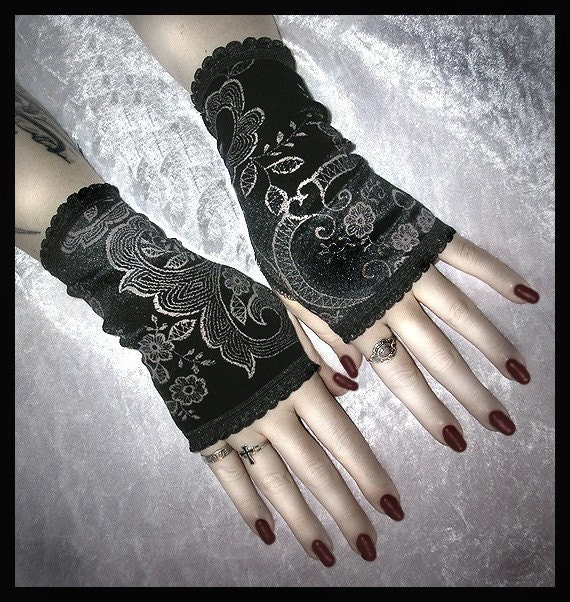 Shes In Parties Fingerless Gloves Arm Warmers in Elegant Black Velvet with Silver Scroll and Flower Detail for EGL, Kuro Lolita, Vampire, Gothic, Steampunk, Victorian, Bohemian, ATS Style