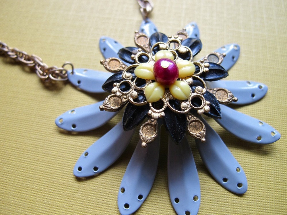 Vintage Enamel Flower Necklace, Repurposed Jewelry, Gray Garden