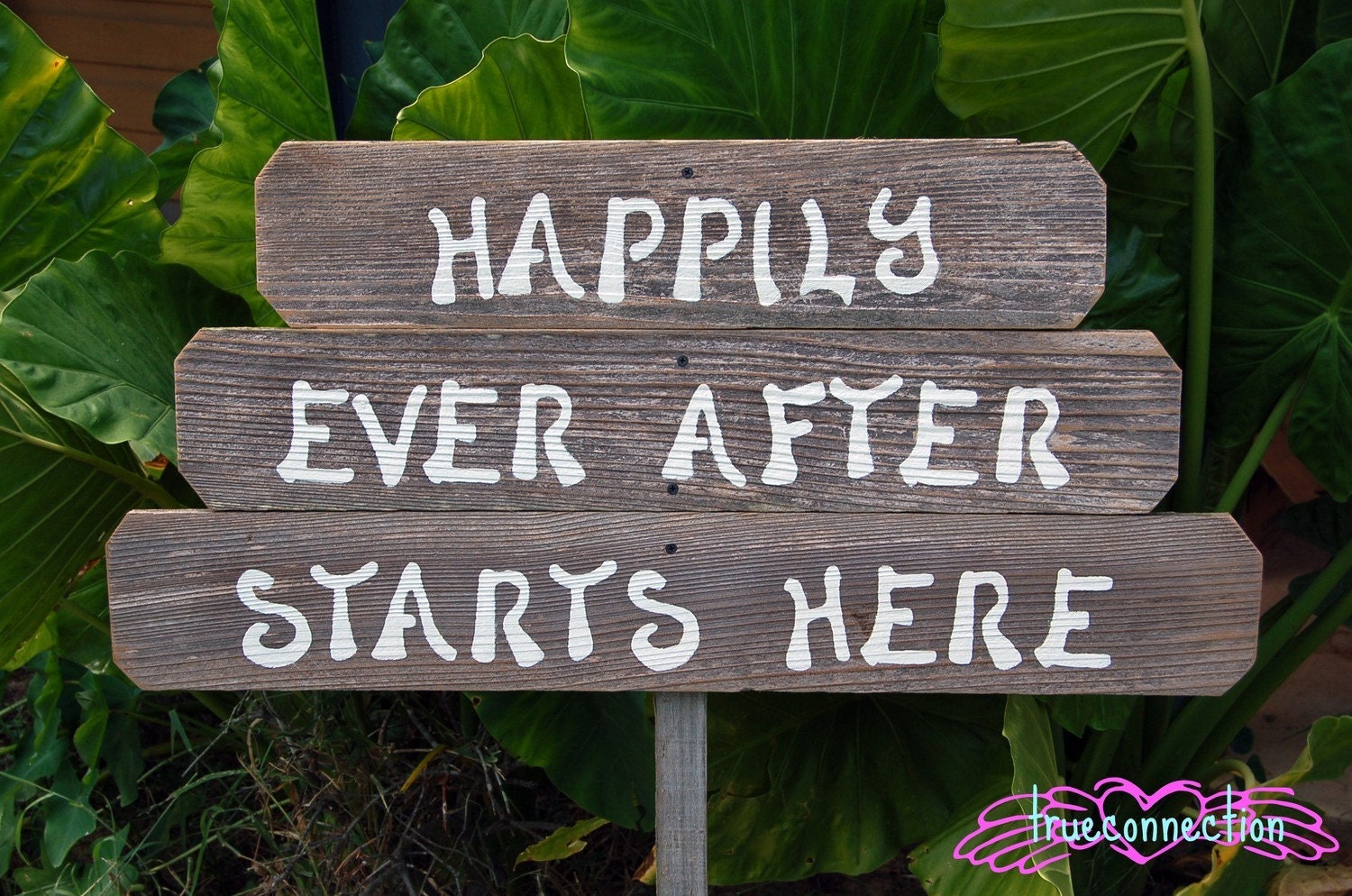 Reclaimed Wood. HAPPILY EVER AFTER STARTS HERE. Wedding Signs With 1 Stake. Hand Painted Custom Order.