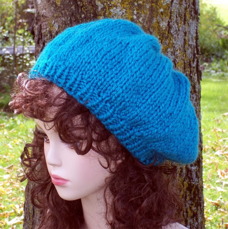 Hand Knit Hat - Slouch Hat in Electric Blue