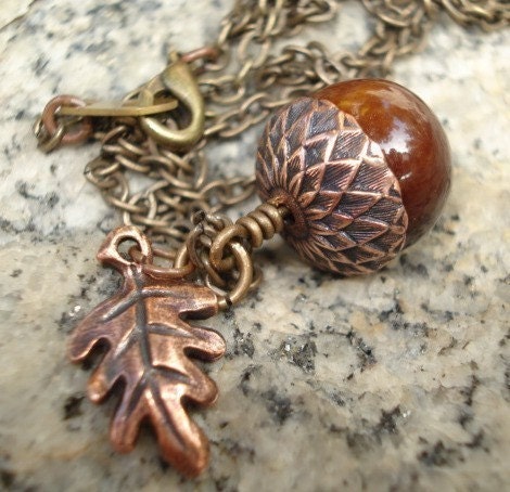 Sweet Copper Acorn Necklace - Copper Leaf  Bead Cap and Leaf on Brass Chain -  Limited Item