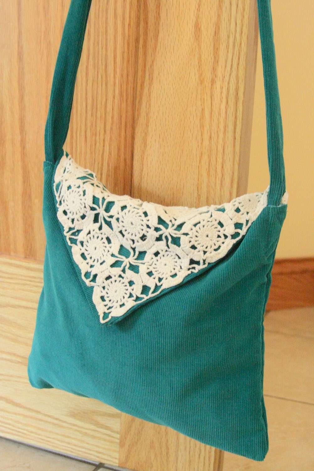 Eco Friendly Handmade Messenger Bag Corduroy Teal Green Reclaimed Vintage Crocheted Doily