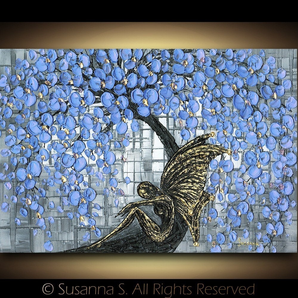 Gold Fairy Blue Cherry Blossoms Tree Fantasy Contemporary Fine Art PRINT- by Susanna 13x19
