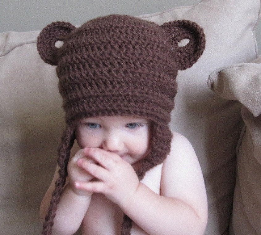MADE TO ORDER Adorable Baby Bear Touque with Earflaps Sizes Newborn to 5T Chocolate White or Cream