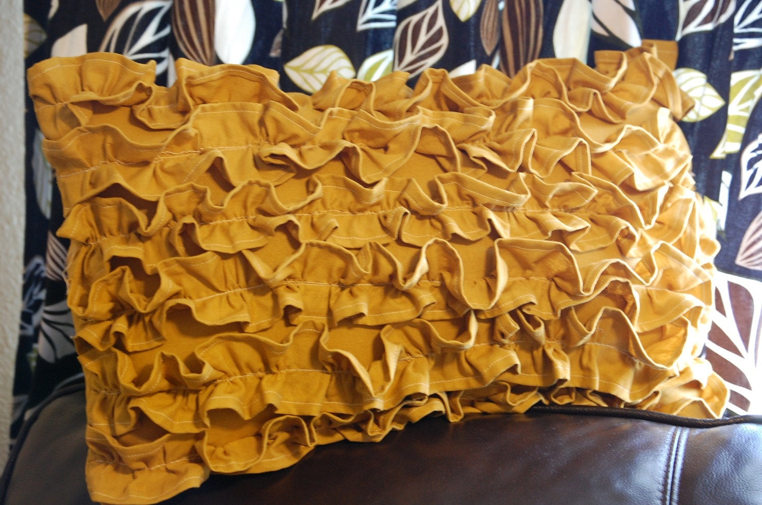 Ruffles Pillow in Mustard Linen 20x12