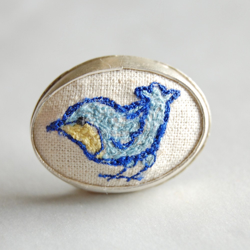 Handmade Sterling Silver Brooch with Embroidered Bluebird