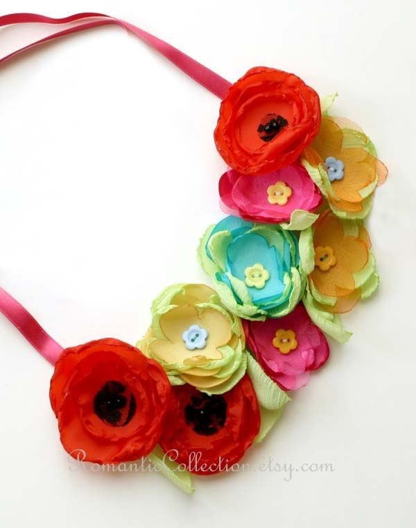 Spring flowers -- red poppies pink blue flowers with apple green leaves bib necklace