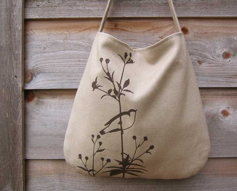 Eco-friendly Hemp Bag with Songbird on Flower (Taupe)