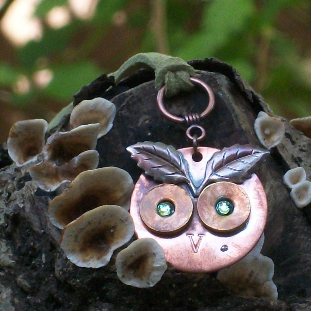 Handmade Upcycled Repurposed Hardware Owl Pendant Copper Icy Mint Green Eyes
