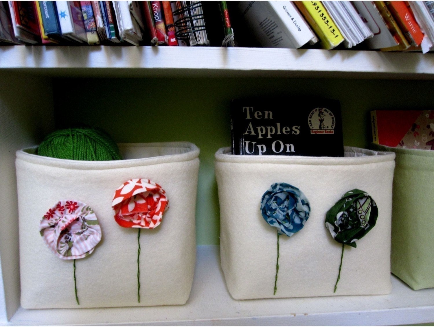 As Seen In Pregnancy and Newborn Magazine Bohemian Poppies Fabric Bins In Cream  Recycled Felt Fabric  With Flowers Set of Two Upcycled Book Ends