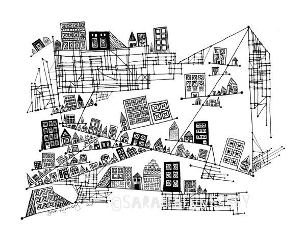 Gridded City on an Axis 11x14 Original Ink Pen Drawing