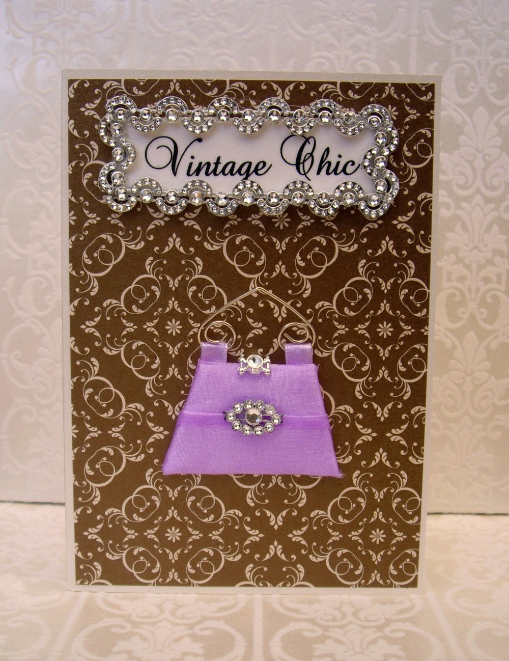 15% SALE Vintage Chic Personalised Card / Lilac Clutch Bag / Handmade Greeting Card