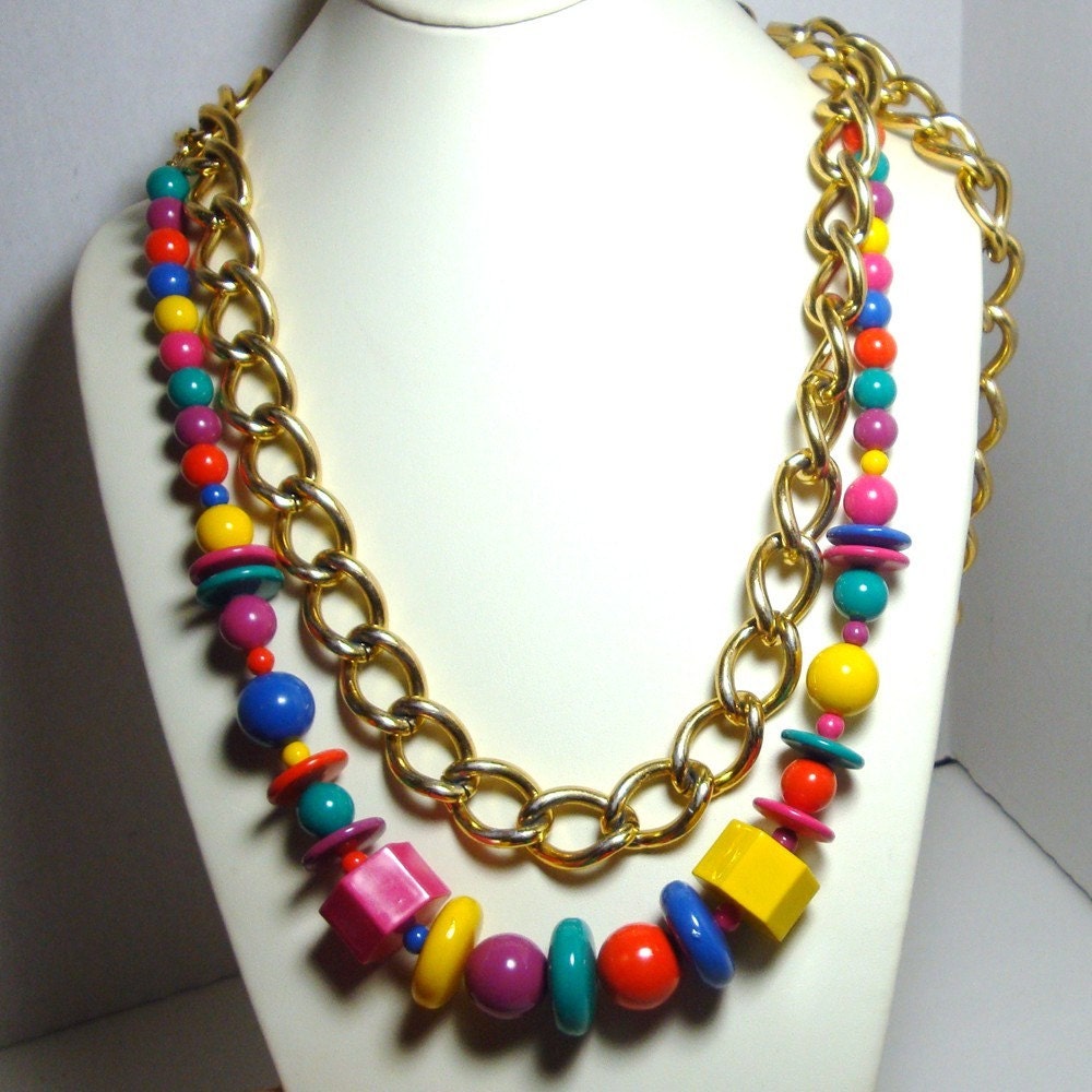 Vintage Necklace Big Gold Chain, Rainbow Colored, Crayola Bright Plastics, ALtered, Upcycled,  Mod Fun OOAK by Rachelle Starr for Vintagestarrbeads with Vintage Components