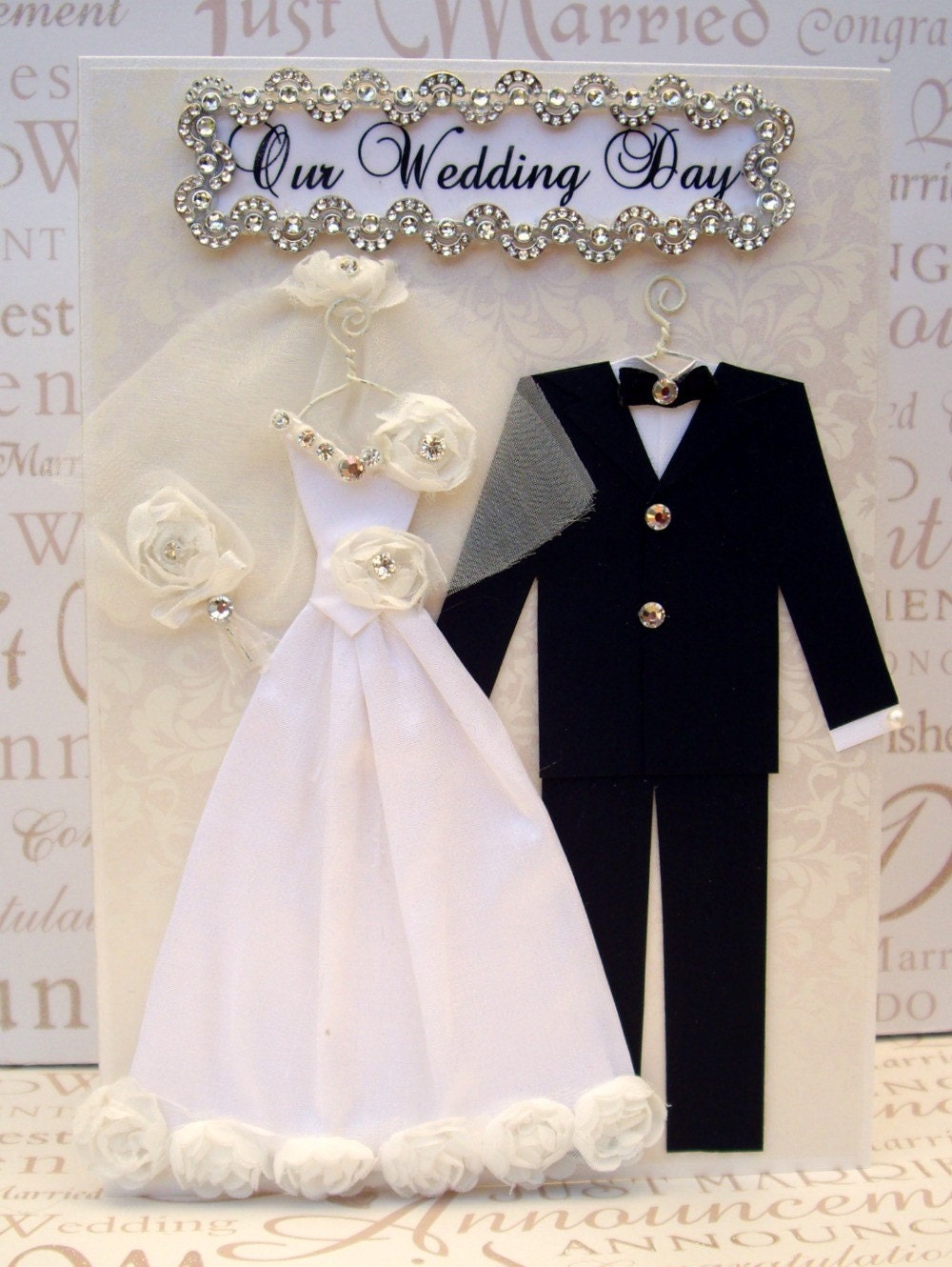 Princess Rose Personalised Wedding Dress Card / Bride and Groom / Handmade Greeting Card