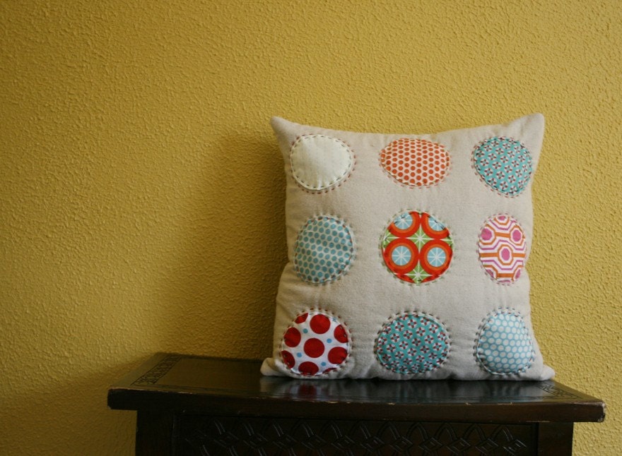 Circles Hand Stitched on Linen - Pillow Cover 16 x 16
