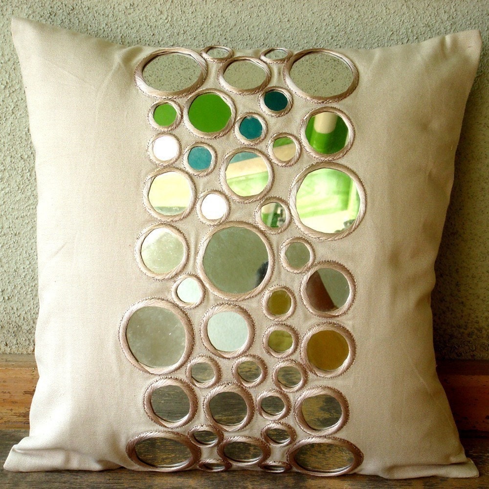 Reflectors - Throw Pillow Covers - 16x16 Inches Cotton Canvas Pillow Cover with Mirror Embroidery