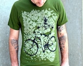 Pin Up with Gas Mask on Bike Print Tshirt - Olive American Apparel Shirt - FREE SHIPPING - Available in XS, S, M, L, XL, XXL