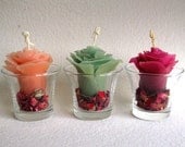 Valentine  Rose Garden Candles, Pure Beeswax - Set of 3 in Glass Votive Holders w/Rose Petals, Gift Wrapped, You Choose Candle Colors