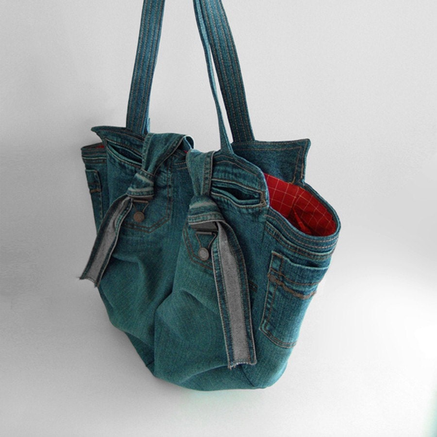Recycled denim shoulder tote bag-big size