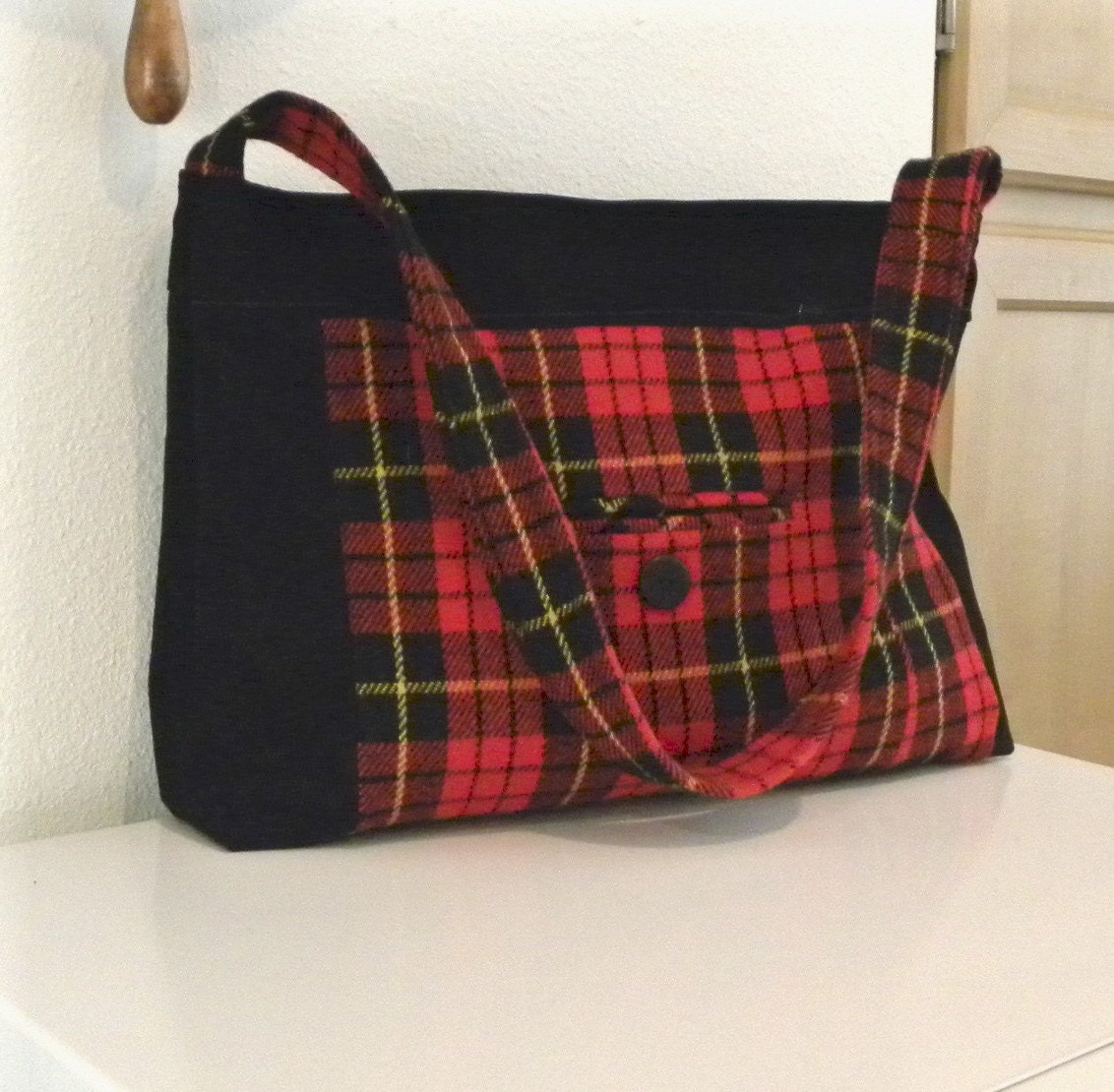 Handmade from a Black Leather Jacket and Scottish Red Plaid Jacket - Handbag - Tote Bag - Purse