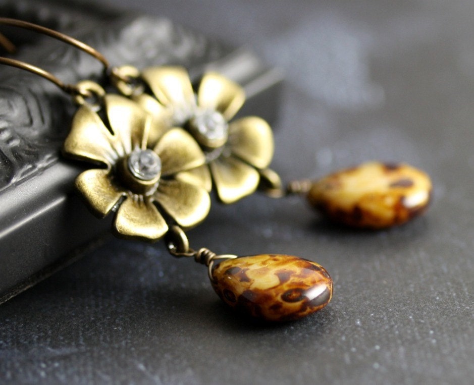 Honey Brown Earrings - Marbled Czech Glass Drops, Antique Brass Pansies, Rhinestones